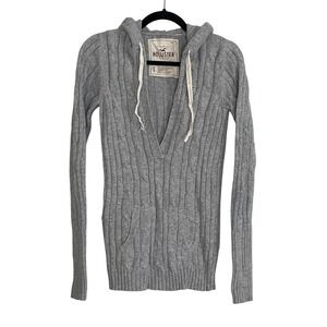 Vintage Hollister Y2K Cable Knit Sweater Hoodie V Neck Pullover Grey Size L